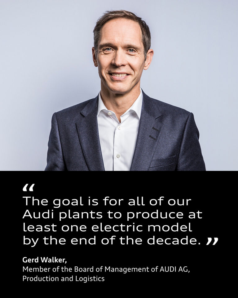 Portrait of Gerd Walker next to a quote: "The goal is for all of our Audi plants to produce at least one electric model by the end of the decade."